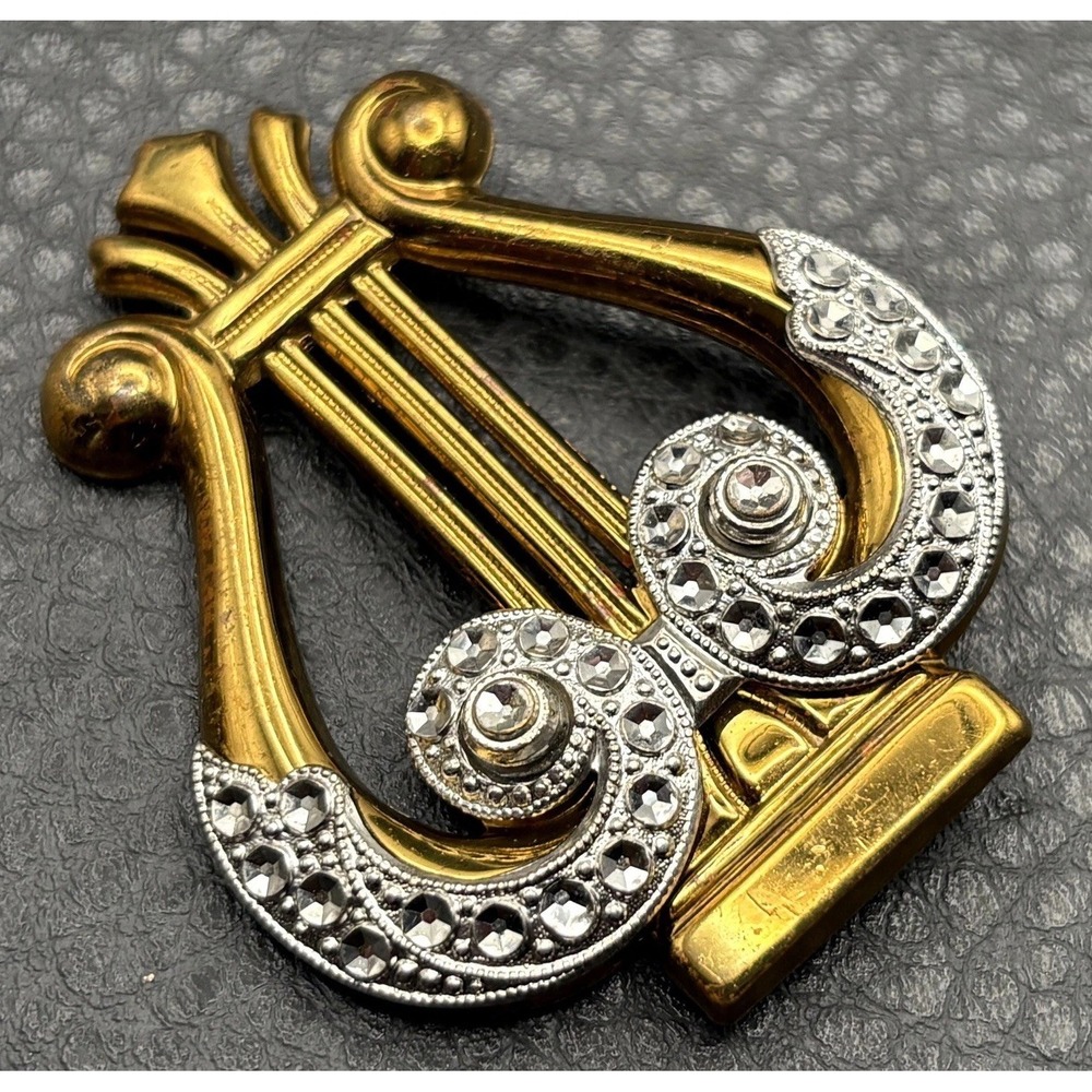 VTG Gold & Silver Tone Rhinestone Lyre Harp Brooch Musical Instrument Pin Read
